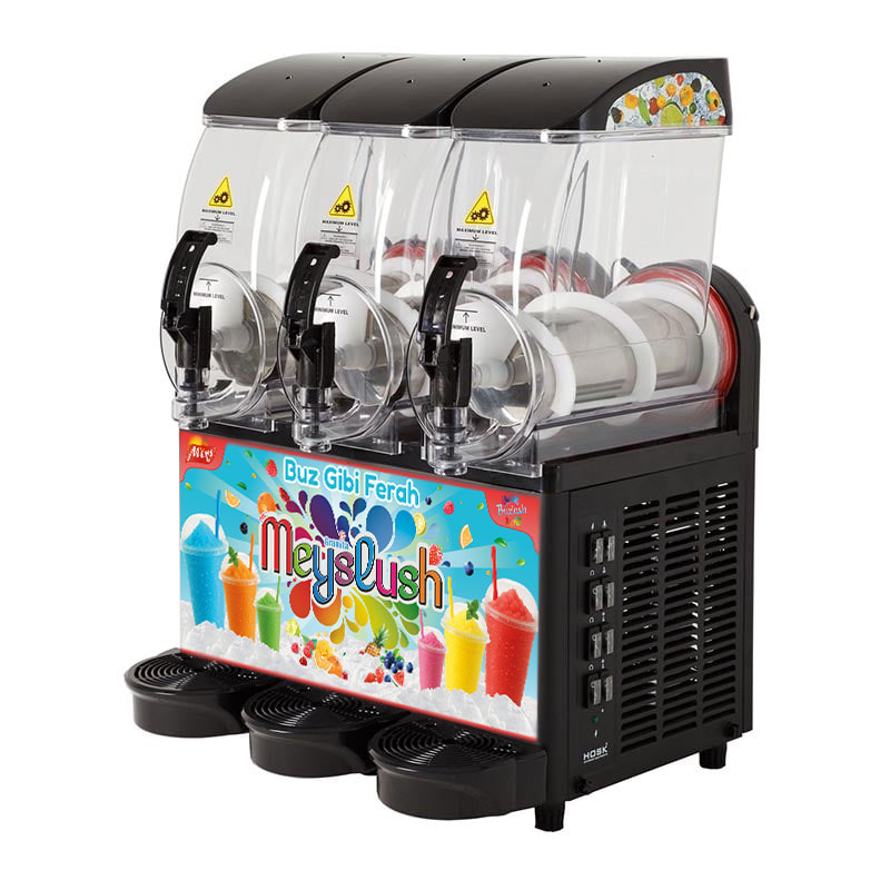 Hosk 3x12 litre endüstriyel buzlaş ve slush makinesi ve reklamlı görünümü